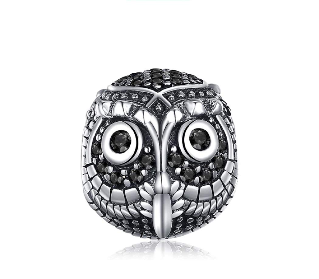 FeatherWish Sterling Silver 925 Charm Owl Bird Animal Family Nature Bead Fits And Compatible With Pandora Bracelets Gift Friend Wife Birthday Sister Mum (Black Crystal)