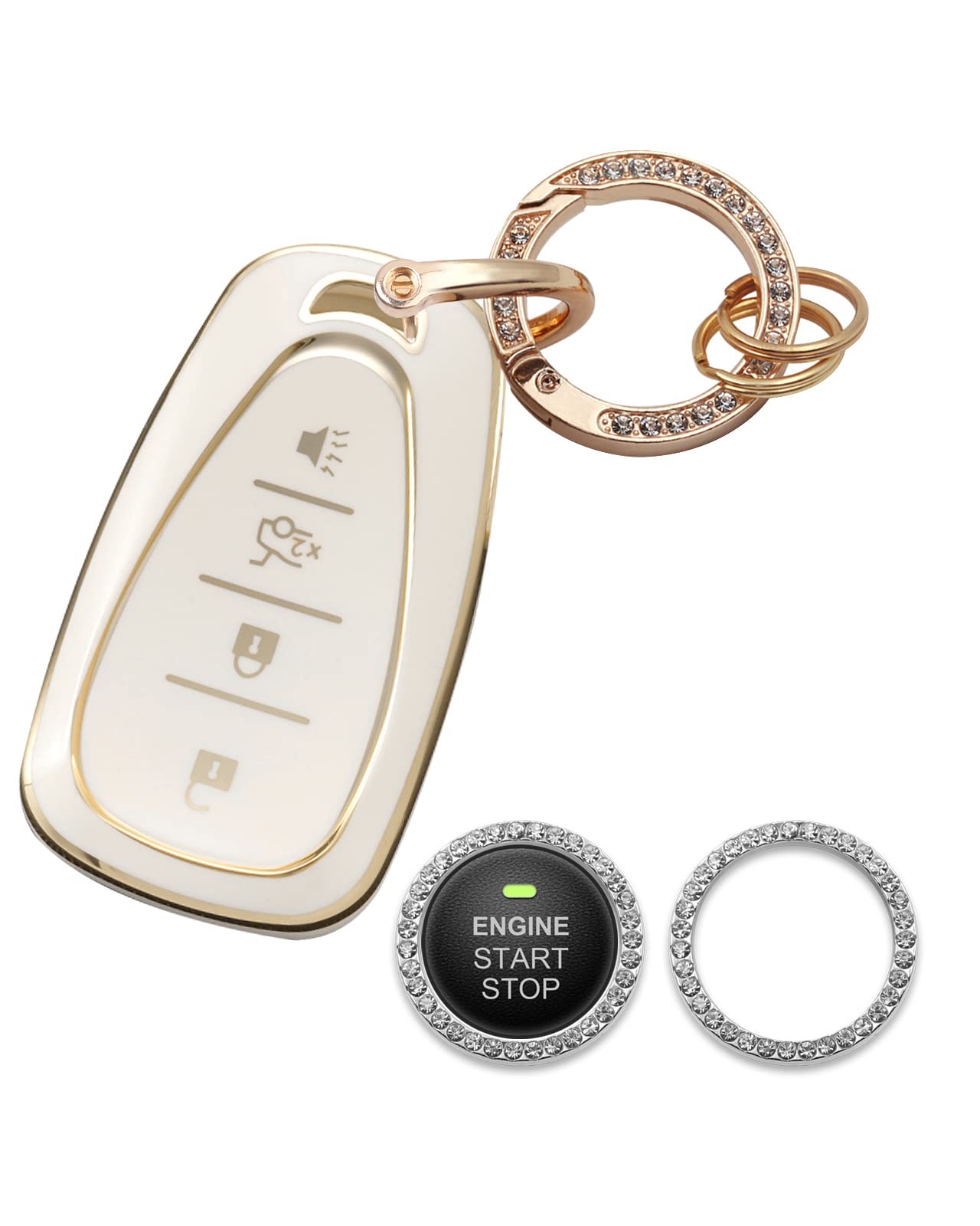 Photo 1 of Homaupt for Chevy Key Fob Cover Compatible with Chevrolet 2016-2020 Chevy Malibu Camaro Cruze Traverse Spark Equinox Blazer Volt Bolt 4 BTS, Soft TPU Key Shell Case with Bling Ring Car Sticker White
