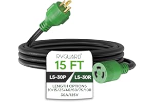 RVGUARD 3 Prong 30 Amp 15 Foot Generator Extension Cord, NEMA L5-30P/L5-30R 125V 10 Gauge SJTW Generator Power Cord, ETL List