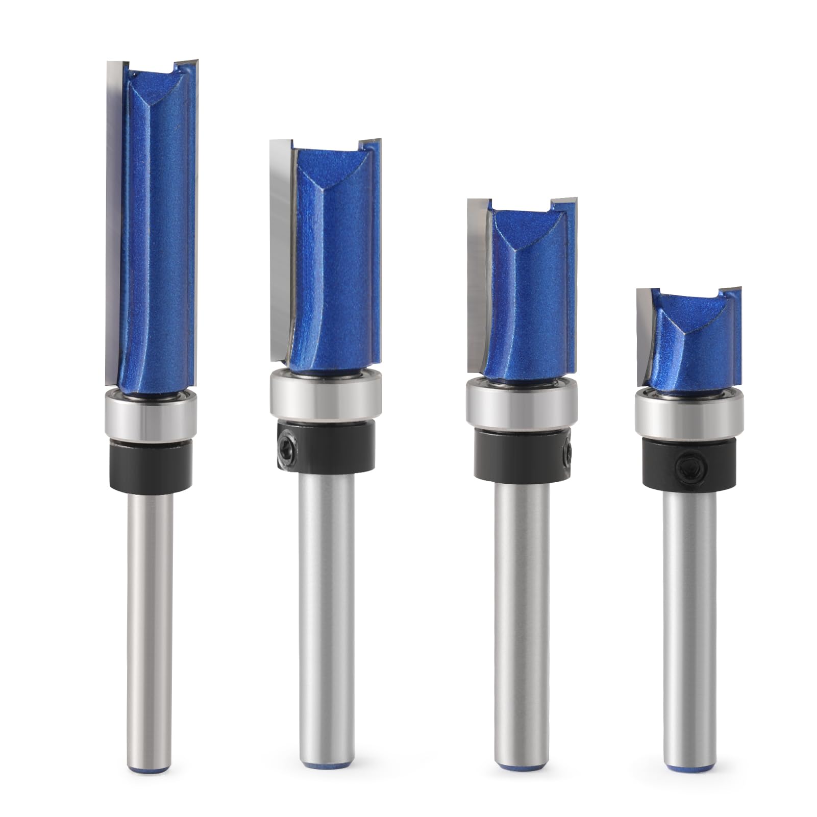 Trvoxviq Flush Trim Pattern Router Bits, 1/4" Shank Straight Flush Trim Tools Template Milling Cutter CNC Bit(4Pcs), 1/2" CED Bottom Bearing Cutter bit for Solid Wood, Plywood, MDF Engraving
