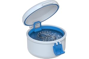 BVN Leak-Proof Denture Bath Cup for Travel, Denture Cup for Soak Dentures, Retainer Cleaning Case with Strainer (White + Blue)