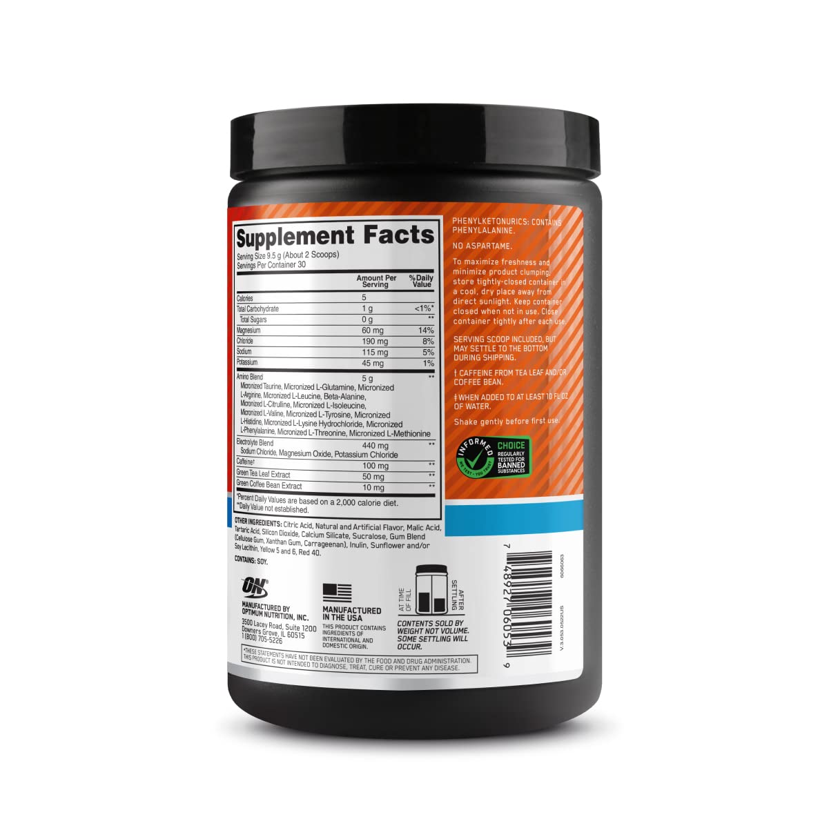 Optimum Nutrition Amino Energy Powder Plus Hydration, with BCAA, Electrolytes, and Caffeine, Tangerine Wave, 30 Servings (Packaging May Vary)