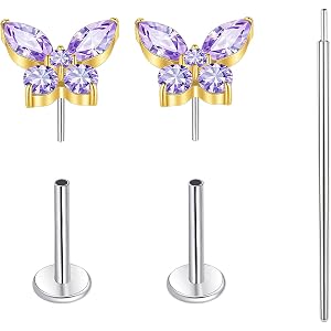 limerencia Purple Titanium Threadless Flat Back Piercing Earrings for Women | Hypoallergenic 18K Gold Plated Push in Earrings
