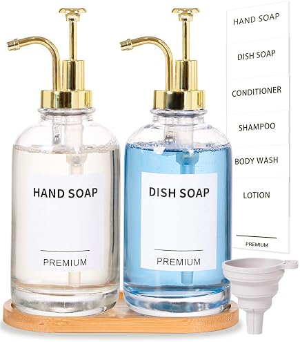 Emerson Glass Soap Dispenser Set - 2 Pack 16 Oz With Pump & Labels For Kitchen Or Bathroom
