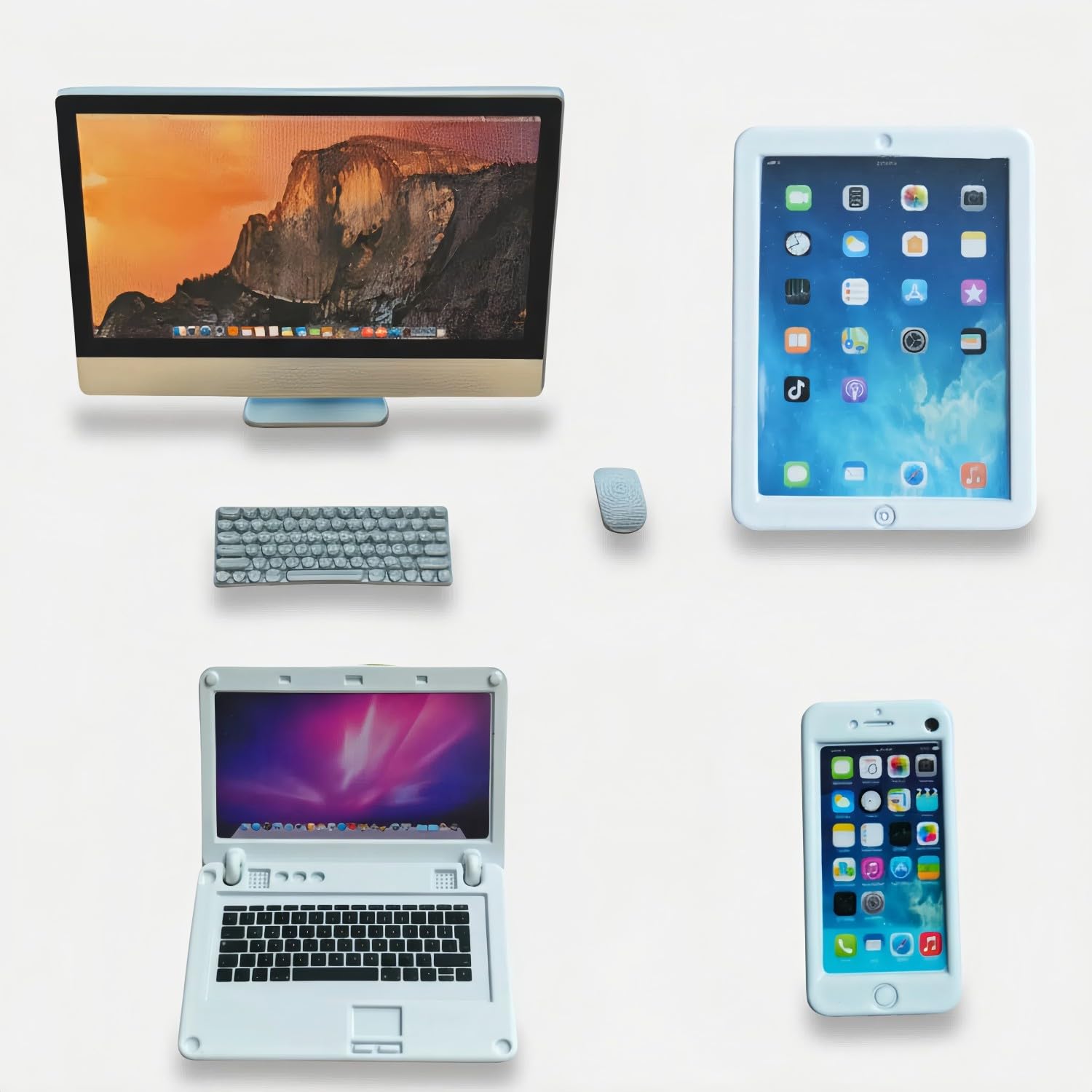 Photo 1 of 1:12 Scale Dollhouse Miniature Electronics Set - 4 Pcs Desktop Computer, Flip Laptop, Phone & Tablet for Dollhouse Display, Diorama Props and Collectibles