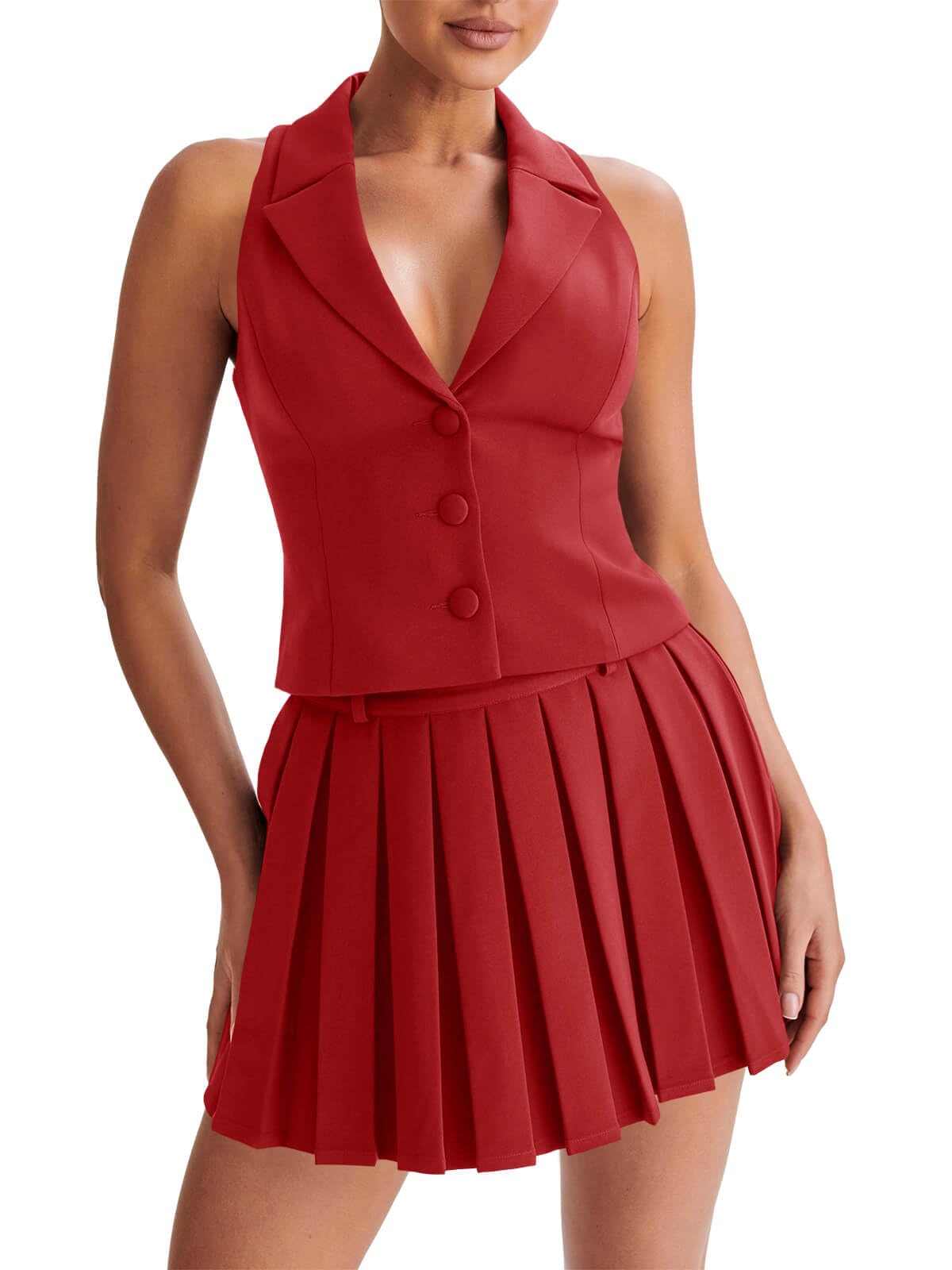 Photo 1 of Cicy Bell Womens Summer 2 Piece Outfits V Neck Blazer Vest Matching Sets and Mini Pleated Skirts Red