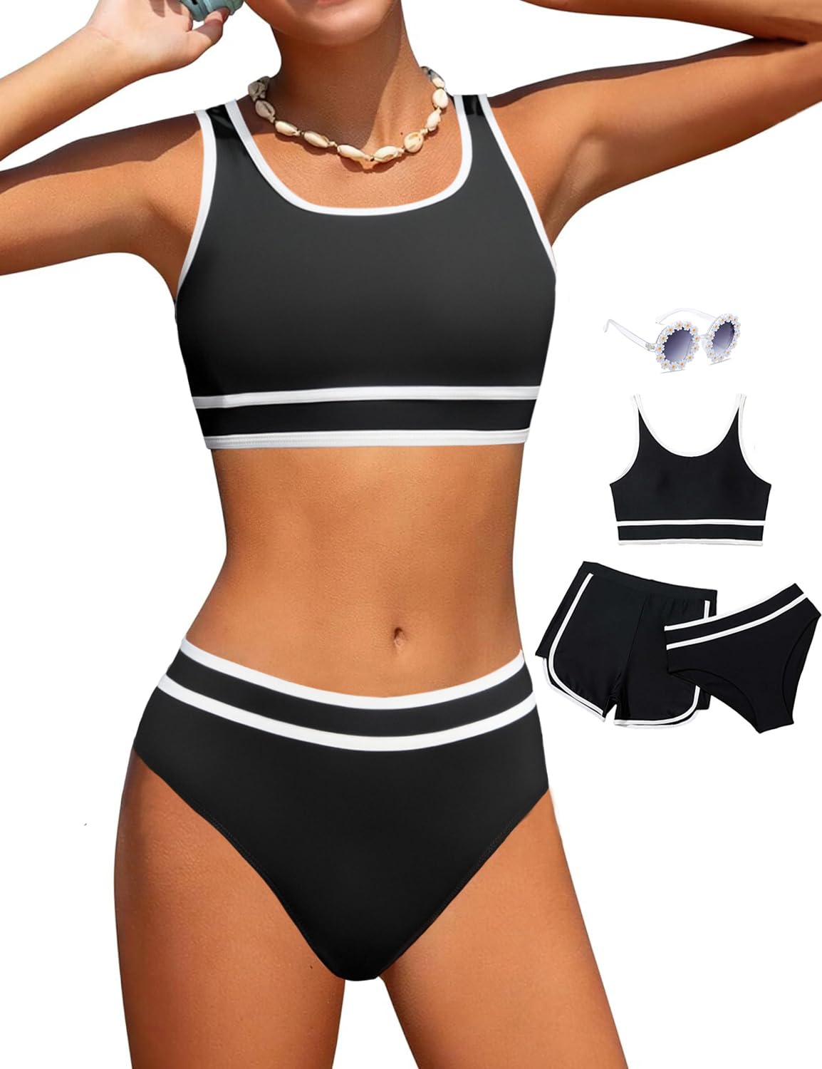 Photo 1 of Magwei Girls Swimsuits 3 Piece Bathing Suit Bikini Set with Sporty Shorts and Sunglasses Beach Swimwear for Girl 8-15 Years (US, Age, 14 Years, 15 Years, Black)