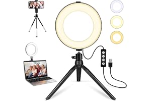 MACTREM 2 in 1 LED 6" Ring Light with Tripod Stand & Clamp for YouTube Video & Makeup, Mini LED Camera Light with Cell Phone Holder, 3 Light Modes & 11 Brightness Levels, Black
