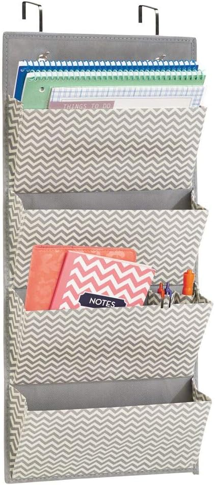 mDesign Soft Fabric Wall Mount/Over Door Hanging Storage Organizer - 4 Large Cascading Pockets - Holds Office Supplies, Planners, File Folders, Notebooks - Textured Print - Gray : Office Products