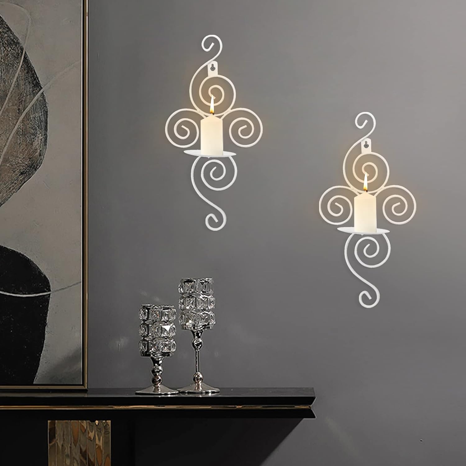 Dyna-Living Wall Sconce Candle Holder Wall Candle Sconces Set of 2 Elegant Swirling Iron Hanging Wall Candle Holders for Living Room Bathroom Fireplace Interior Home Decor(White): Kitchen & Dining