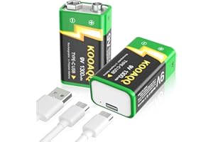 KOOAQQ 9V Lithium Battery, High Capacity 1300mAh,with 2 in 1 USB Charging Cable, (2023 New Version) Rechargeable 9 Volt Square Batteries for Smoke Detector/Alarms,Metal Detector,Multimeter(2 Count 9V)