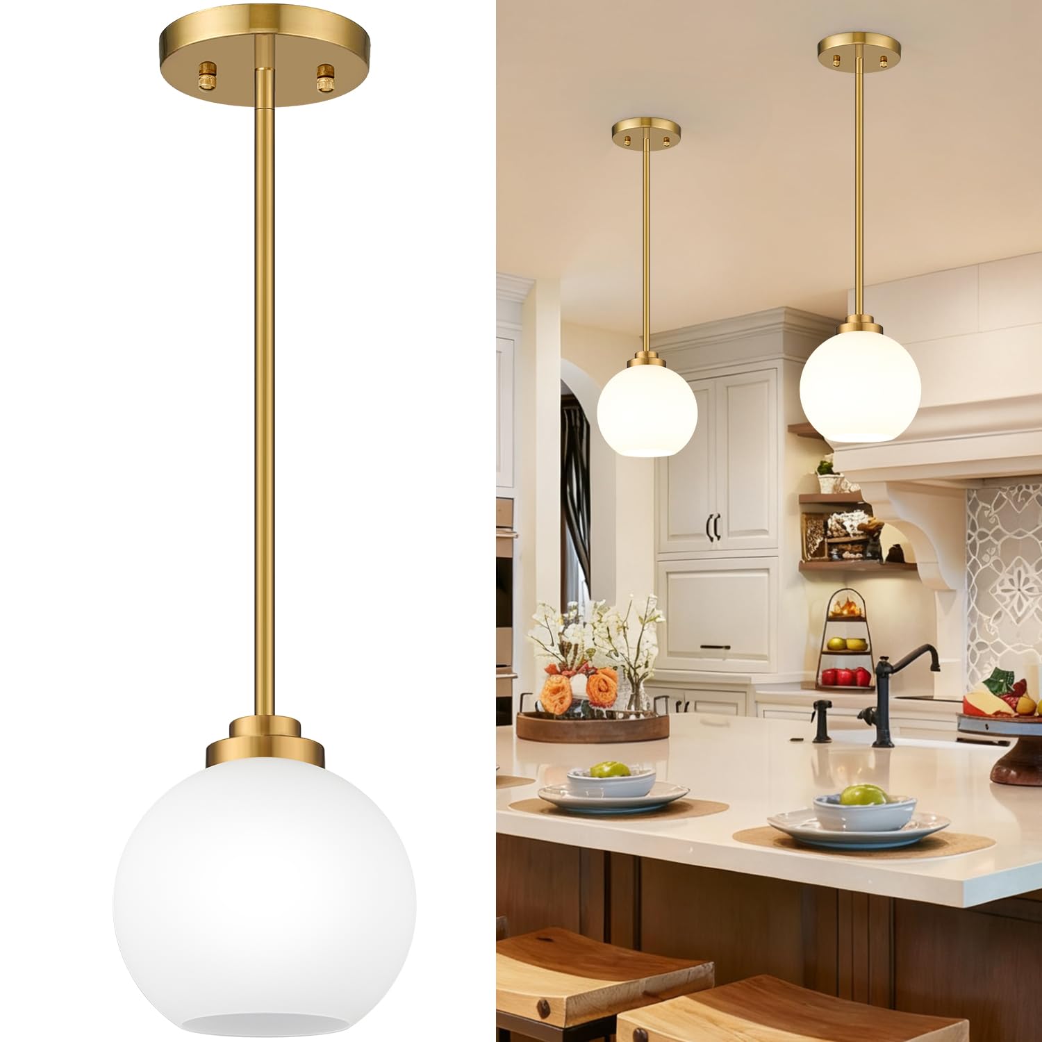 Photo 1 of 2 Pack 7.2-Inch Globe Pendant Lights, Mid Century Gold Pendant Light Fixtures, Globe Pendant Lights Kitchen Island with Milk Glass Shade Adjustable Hanging Fixture for Dining Room (Bulbs not Included)