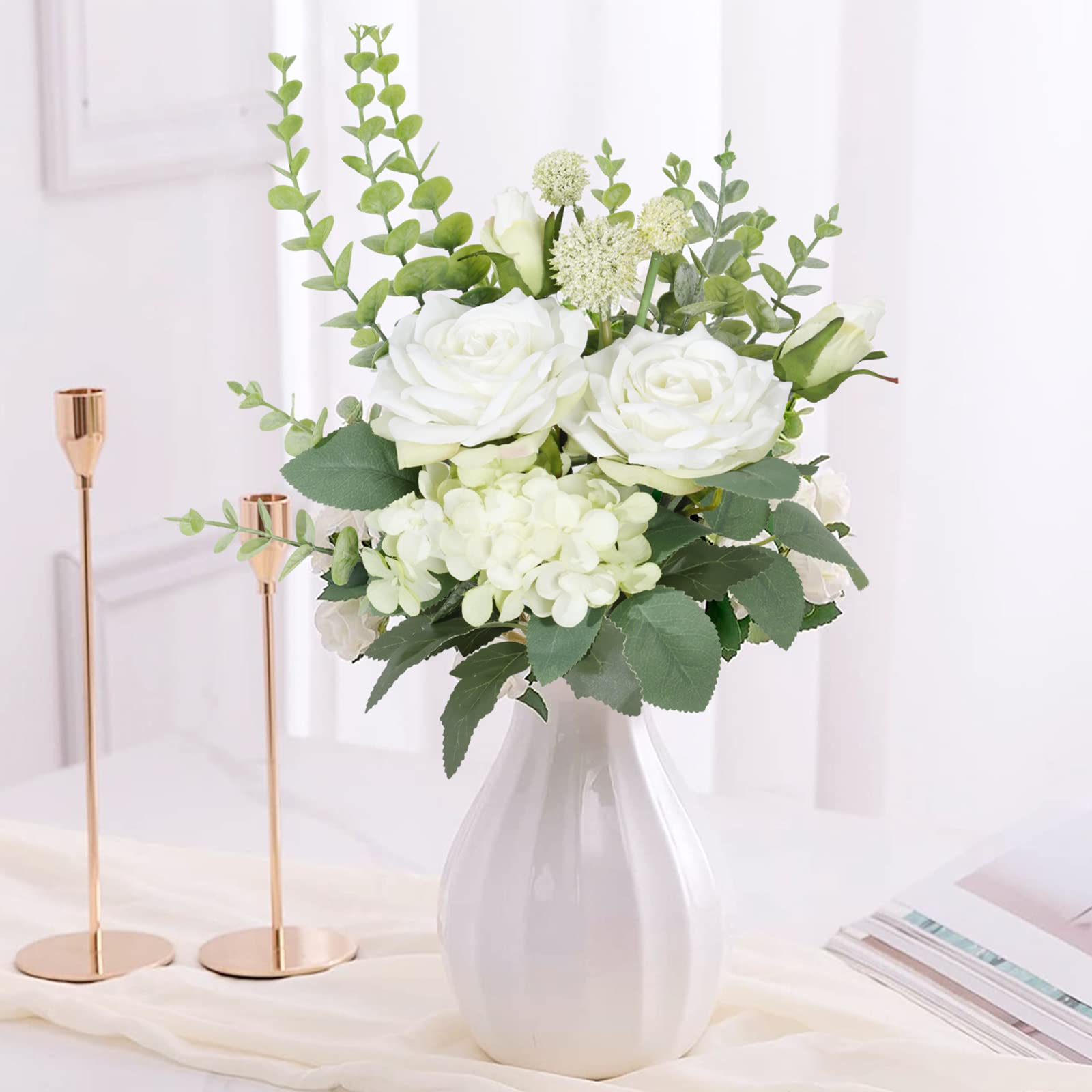 Weldomcor Artificial Flowers Roses, White Rose Artificial Flowers Silk Flowers Bouquet Bouquet for Home Kitchen Table Centrepieces Wedding Arrangenment Indoor Outdoor Decoration — image 1