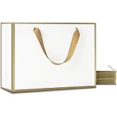 Medium Size Gift Bags, YACEYACE 10Pcs 10.5"x 4"x8" Gift Bags Bulk White Gift Bags with Ribbon Handles Gold Frame Paper Gift Bags, Gift Wrap Bags for Boutique, Party, Retail, Birthday, Baby Shower