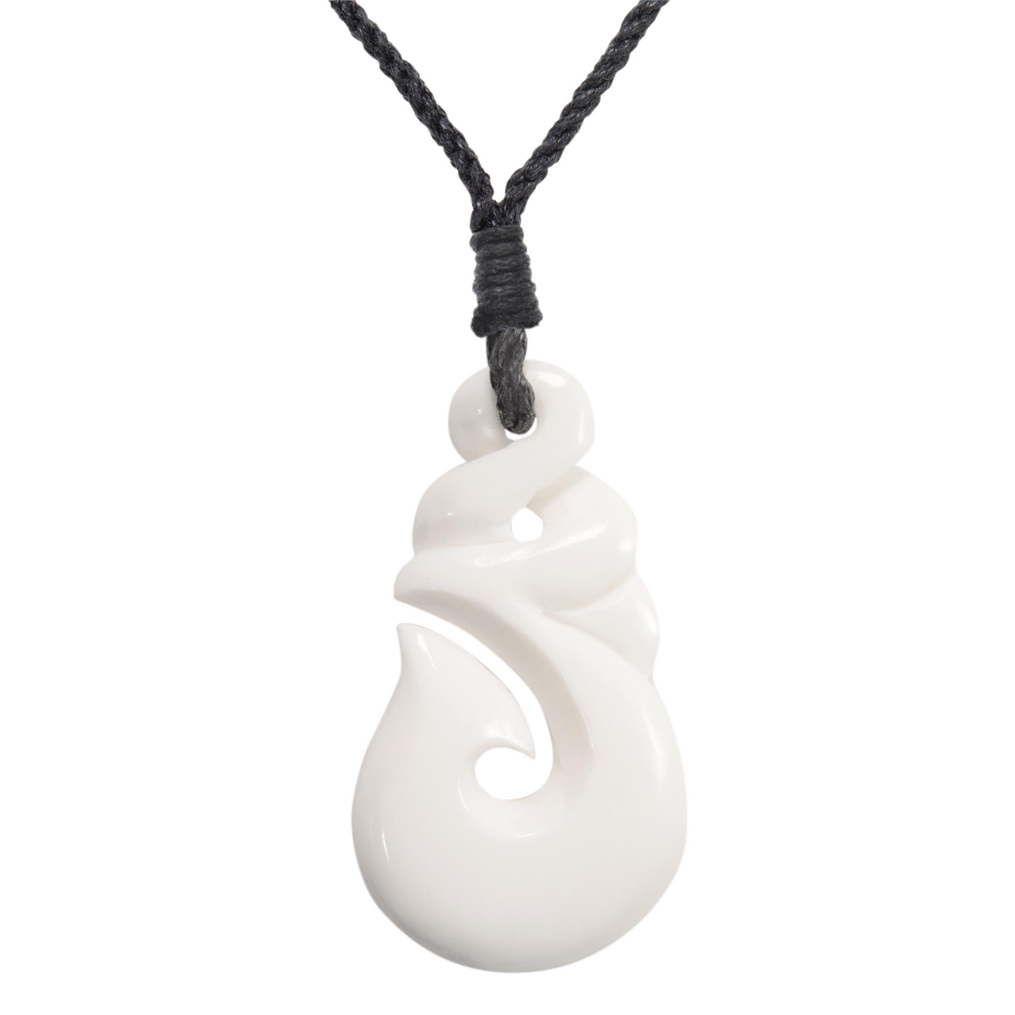 81stgeneration Hand-Carved Bone HEI Matau Pendant with Paua Shell - Men's Surfer Accessories - Handmade Tribal Fish-Hook Cord Necklace - Maori-Style Pikorua Amulet - Natural Bone Jewellery for Women
