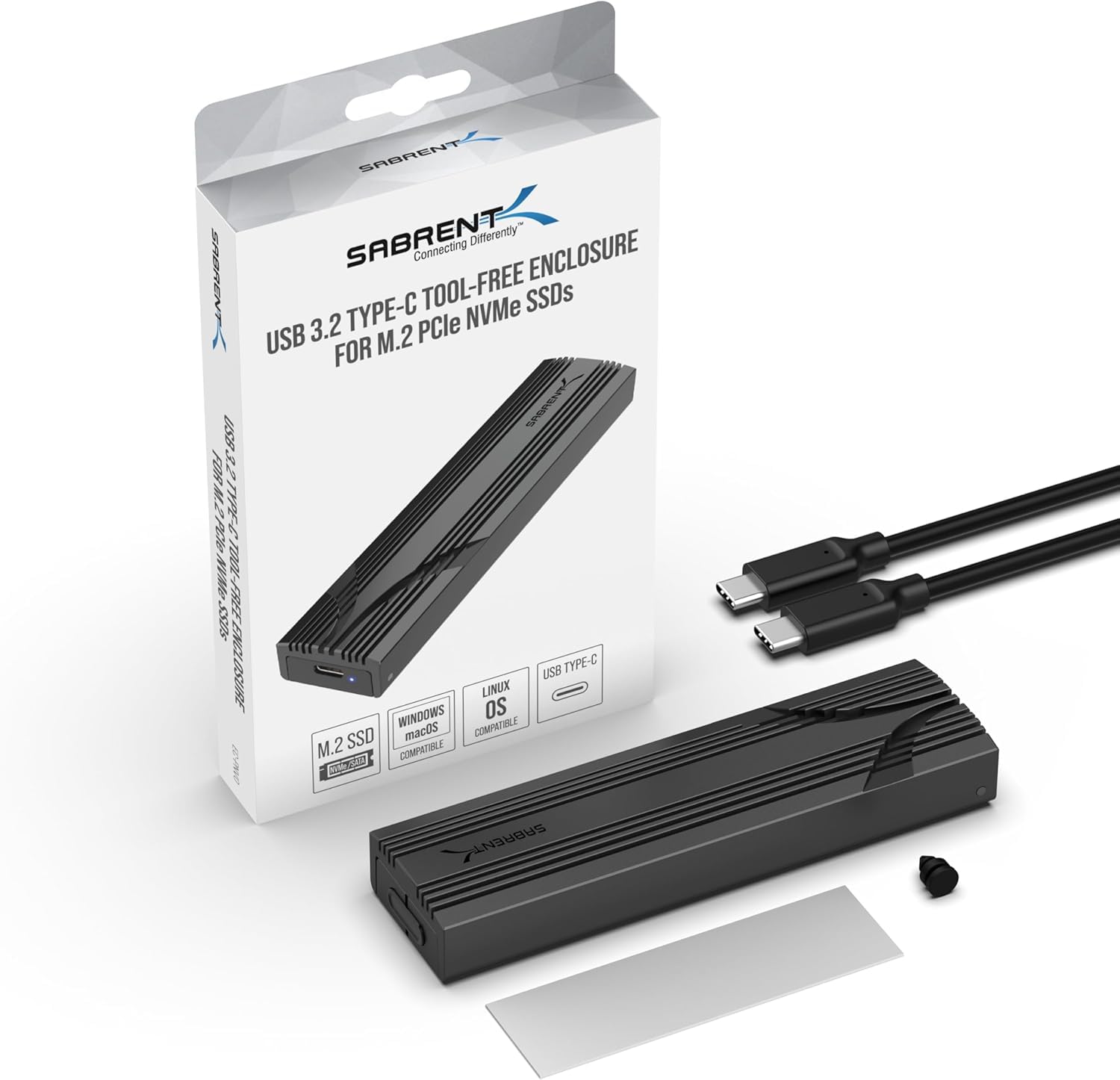 SABRENT NVMe Gehäuse USB 3.2 Type-C für M.2 SSDs 2230/2242/2260/2280, nur NVMe (Keine SATA), 10Gbps Gen 2, werkzeuglos, Aluminium-Kühlkörper, Type-A Adapter, Plug & Play (EC-PNVO) 9