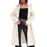 Fisoew Women's Double Breasted Trench Coats Causal Windproof Long Lapel Pocketed Overcoat with Belt