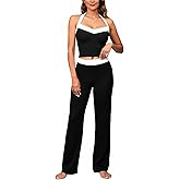 winkbay Women's 2 Piece Casual Summer Outfits Y2k Halter Crop Top and Pants Matching Sets Streetwear