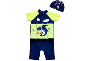 Kid's Short Sleeve Floatsuit Swimsuit with Adjustable Buoyancy Floatation Swimming Suits Boys Swim Vest with Hat