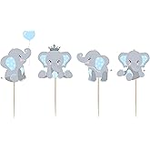 Finduat 48 Pieces Blue Elephant Cupcake Toppers for Boy Baby Shower Decorations Supplies, Baby Boy Birthday Party Supplies(Double Sided)