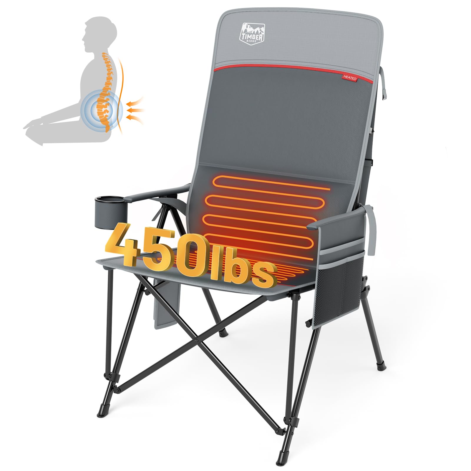 Photo 1 of TIMBER RIDGE Oversized Heated Camping Chair with Lumbar Support, Portable Folding Chair Heavy Duty for Adults Supports 450 LBS for Outdoor Camping, Lawn, with High Back (Power Bank not Included)