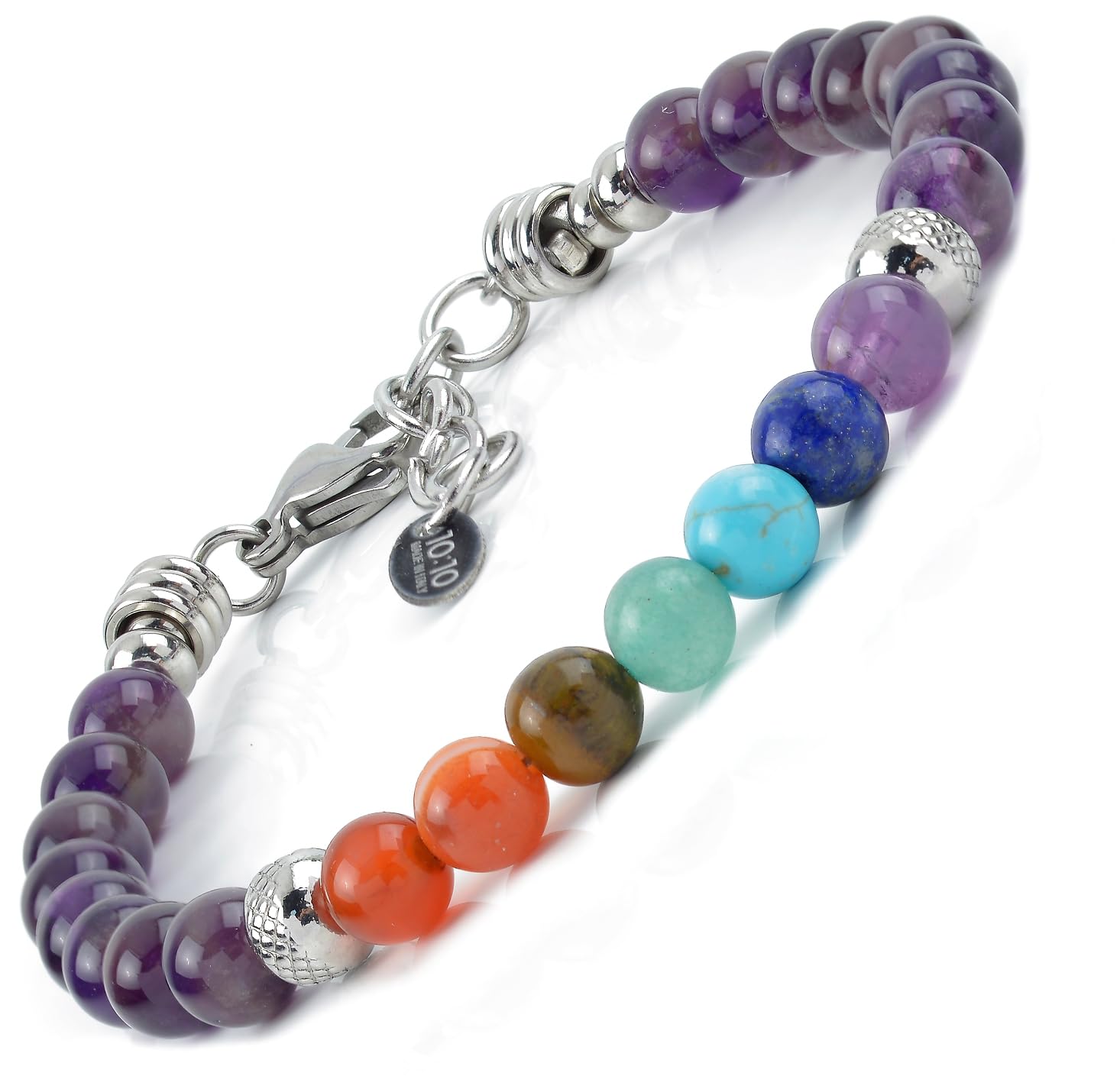 10:10 7 Chakra bracelet made of stainless steel and 6 mm natural stones, made in Italy