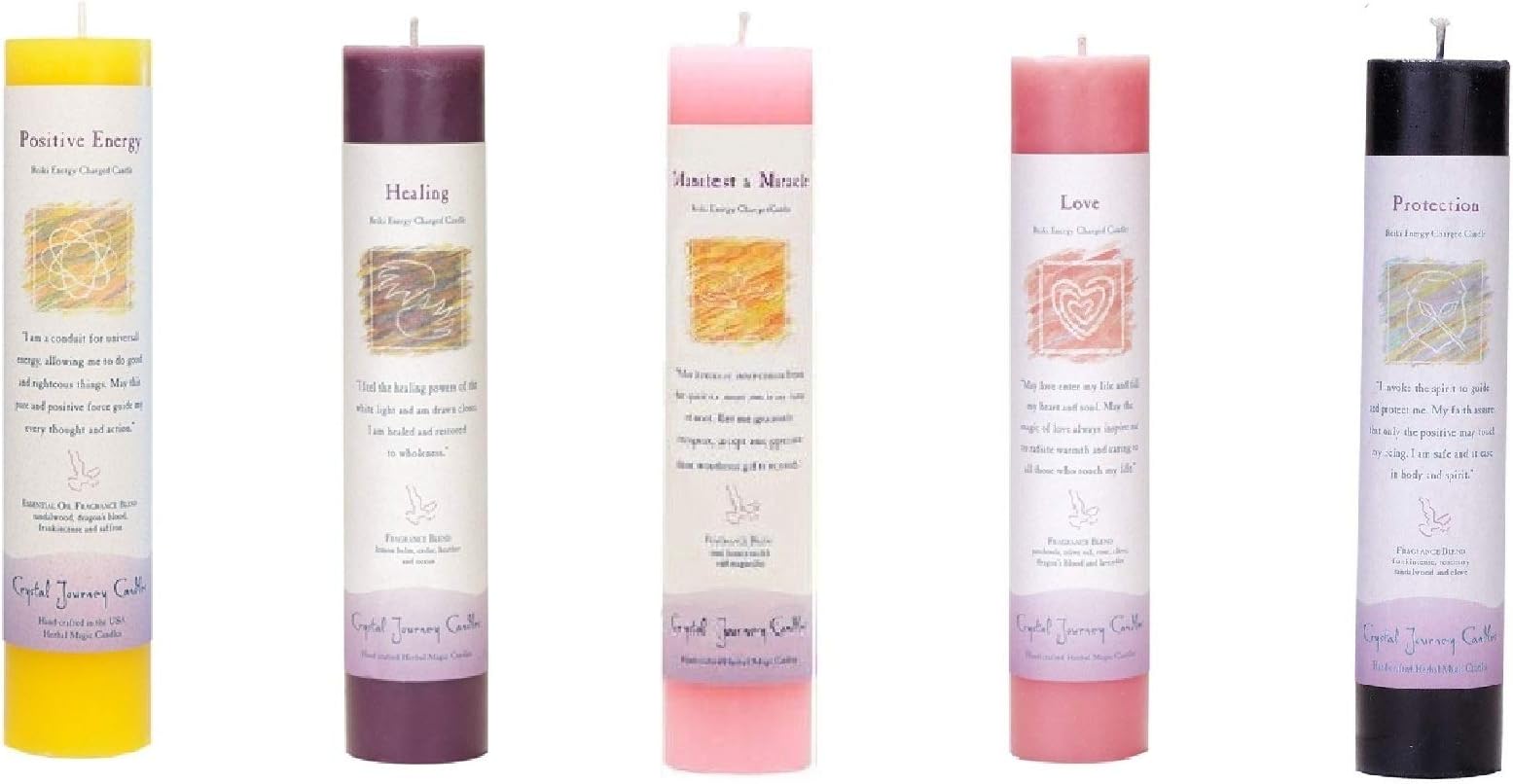 Reiki Charged Herbal Pillar Candle with Inspirational Labels - 5 Pack (Manifest a Miracle, Healing, Positive Energy, Love, Protection), Each 7"x1.5" Handcrafted, Lead-Free