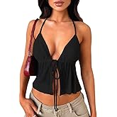 Women's Y2K Cute Summer Leopard Print Halter Top Sexy Tie Front Backless Ruffle Beach Crop Going Out Tops for Women