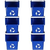 Blue 6 Gallon Small Recycling Bin w/ Handle | 6 Stackable Recycling Bins | Total 36 Gallon Capacity | Use as Storage Bins, Kitchen Recycle Bin, Compact Footprint, For Offices, Garages, Pantries