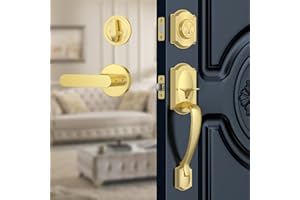 Calzibeno Front Door Handle Sets, Entry Door Handle Exterior and Interior Reversible Lever, Vintage Front Door Handle and Deadbolt Set, Front Door Lock Set for Right or Left Handed Door, Satin Brass