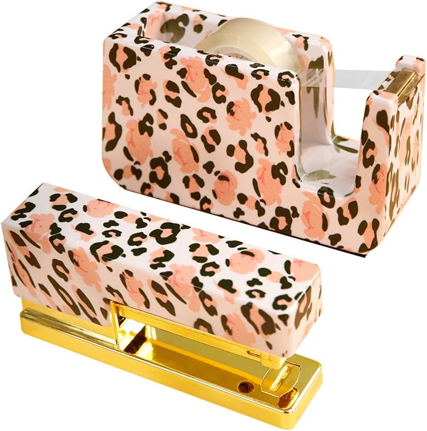 MultiBey Gold Metal Stapler Marble Cover Non-Slip Student Office Standard Stationery with Tape Dispenser (Rose Gold)