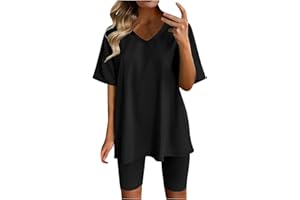 MRGIINRI Two Piece Outfits Sets for Women 2024 Summer V Neck Oversized T-Shirt Tops Biker Shorts Workout Sports Tracksuit