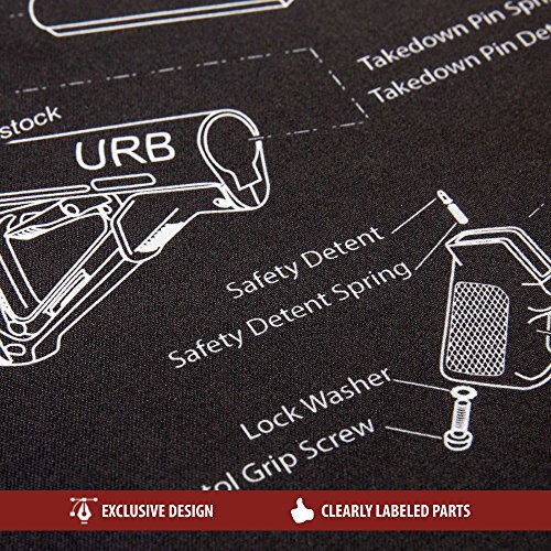 Ultimate Rifle Build Large Gun Cleaning Mat with Exploded Parts Diagram & Bonus Magnetic Parts Tray; Non-Slip & Solvent Resistant pad; Stitched Edges - 36x12