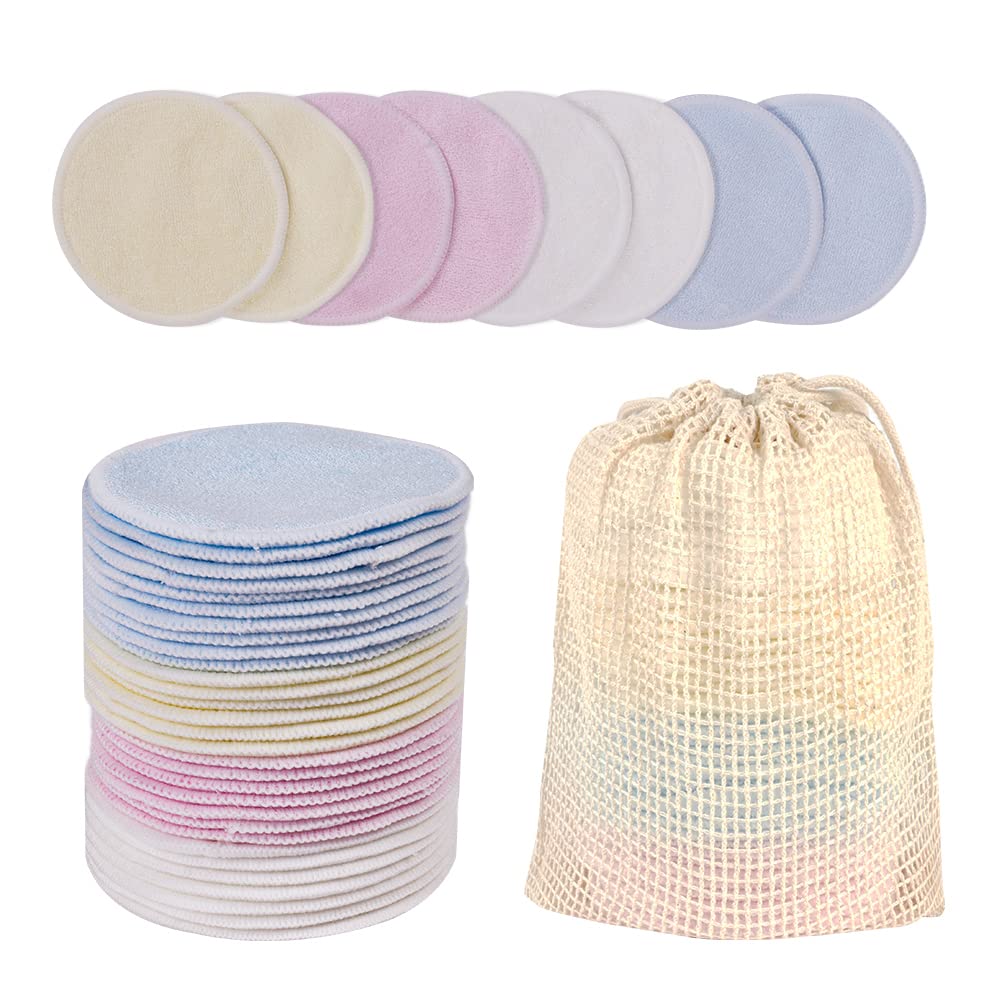 LOPHE Reusable Makeup Remover Pads, 24 Pcs Eco-Friendly Washable Bamboo Microfiber Makeup Remover Pads With Mesh Laundry Bag, Face Cleaning Puff For All Skin Types Gift For Women