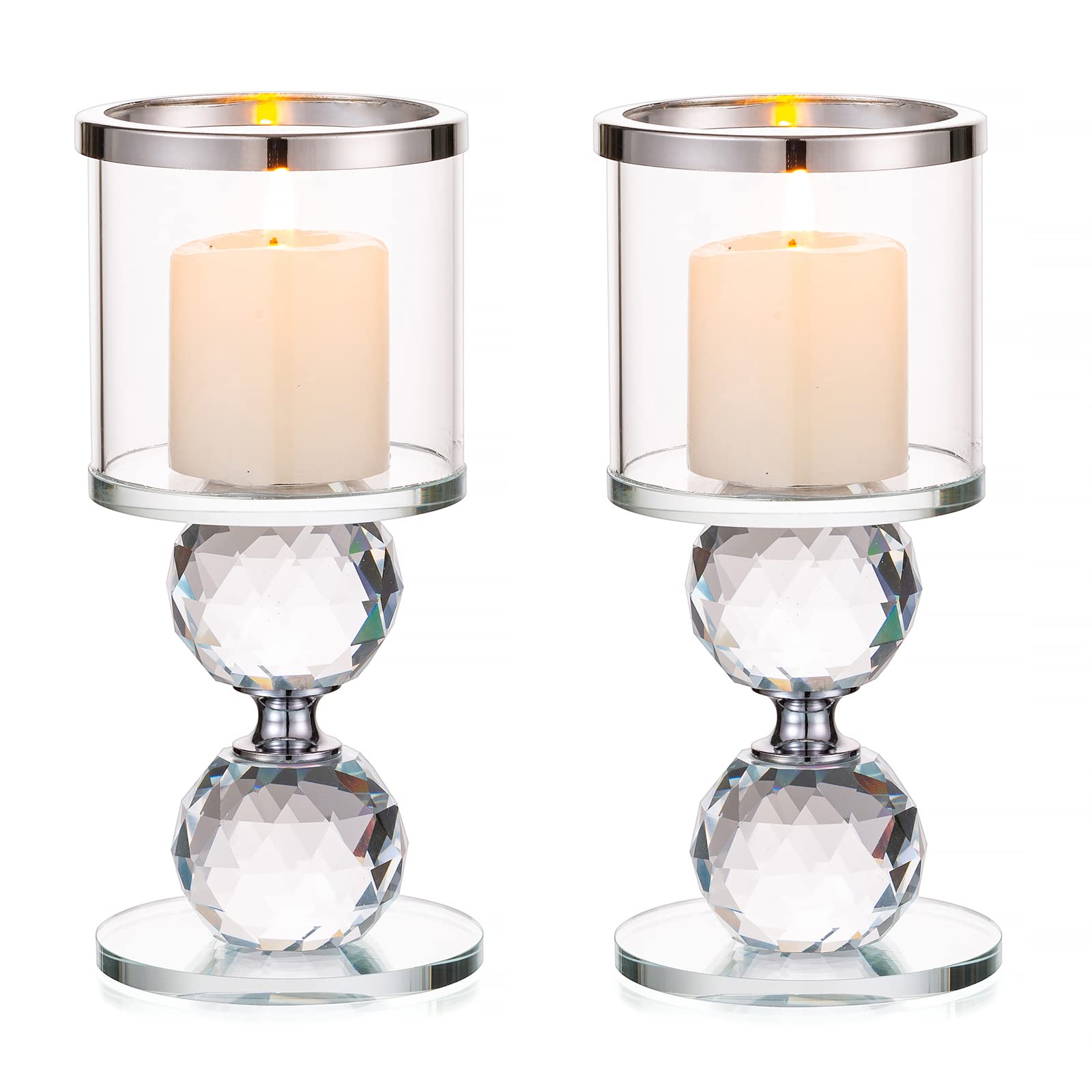 Sziqiqi Crystal Clear Pillar Candle Holder Set of 2, Glass Candlestick Holders Tealight Candle Stand Table Top Centerpieces for Living Room Wedding Banquet Mantlepiece Fireplace Decor, Silver Rim