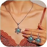 72ore Boho Necklace Earrings Set Silver Flower Turquoise Stone Pendant Vintage Earrings Necklace for Women Western Jewelry Set Birthday Gifts Outfits Accessories