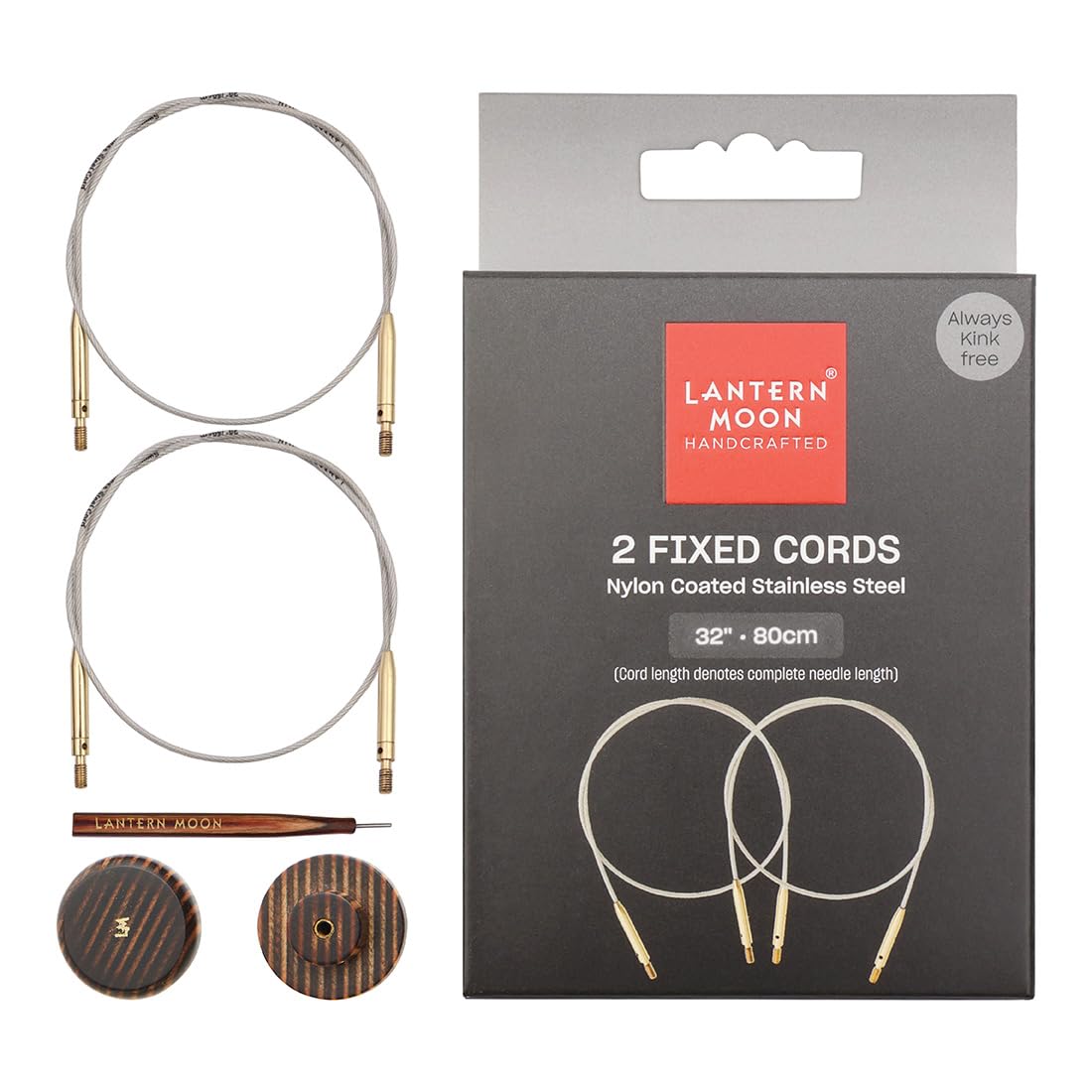Lantern Moon Interchangeable Knitting Needle Cables – 2 x 32” 80cm Fixed Cords – 2 Wooden End Caps & 1 Tightening Tool – Nylon Coated Stainless Steel
