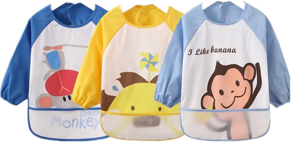 Kids Arts Painting Apron Baby Bibs Wipe Clean Coverall-Unisex Baby Waterproof Sleeved Bibs Eat and Toddler Apron of PEVA(2 blue+1 yellow),6 Months-3 Years