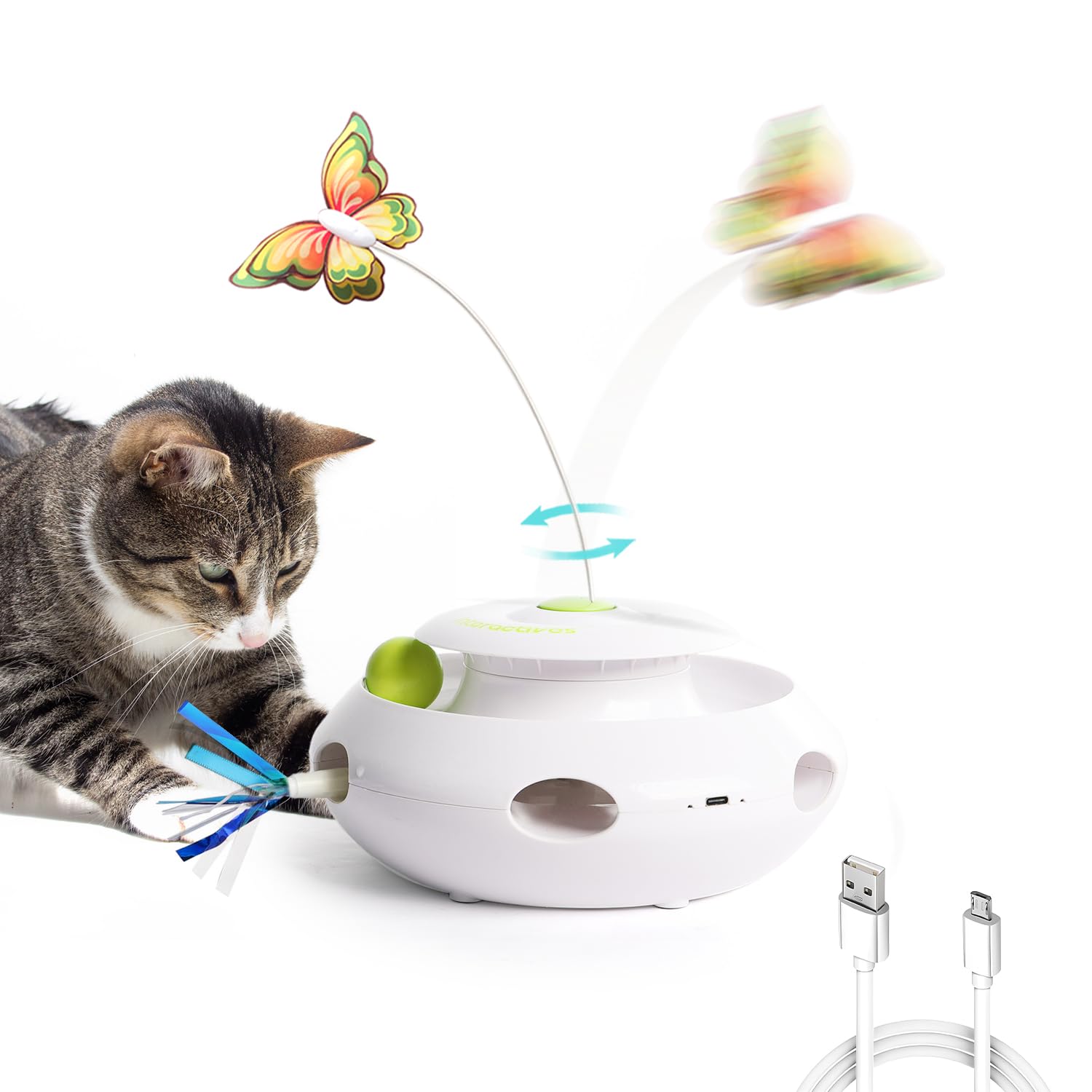 ALL FOR PAWS 3 in 1 Interactive Cat Butterfly Flutter Toy with Rolling Balls, Random Feather Toy Automatic Kitten Spinner Toys for Indoor Cats