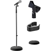 Pyle microphone stand - universal mic stand with compact heavy base, floor standing design, height adjustable, pivot angle clip for singing &amp; recording (2.8' - 5' ft., 9.8" diameter)