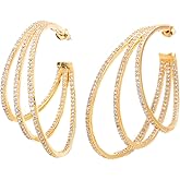 CWWZircons Triple Row Cubic Zirconia Big Round Hoop Earrings, Luxury Statement Dangle Jewelry for Women Wedding Party