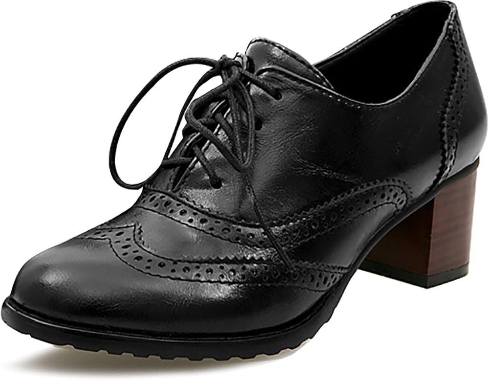  | Odema Womens PU Leather Oxfords Wingtip Lace up Mid Heel Pumps Shoes … | Oxfords