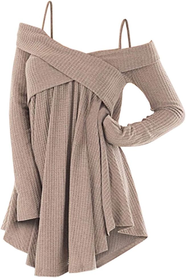 ZEZCLO Cold Shoulder Crisscross Tunic Sweater Women Straps Long Sleeve Knitwear Pullover Shirt Tops