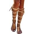 PLAZRU Flat Knee High Gladiator Sandals for Women Dressy Summer Strappy Lace Up Thong Flip Flops Rome Bohemia Sexy Bandage Sandals