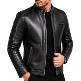 Hobler Genuine Buffalo Cafe Racer Mens Leather Jacket | Black Motorcycle Jacket with YKK Zip &amp; Quilted Lining