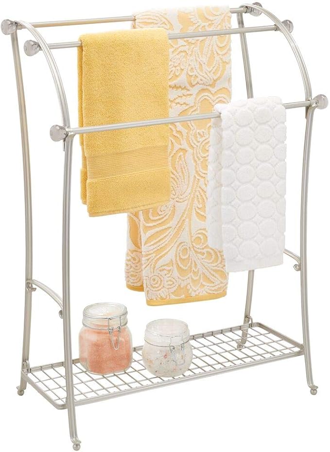 mDesign Large Freestanding Towel Rack Holder with Storage Shelf 3 Tier Metal