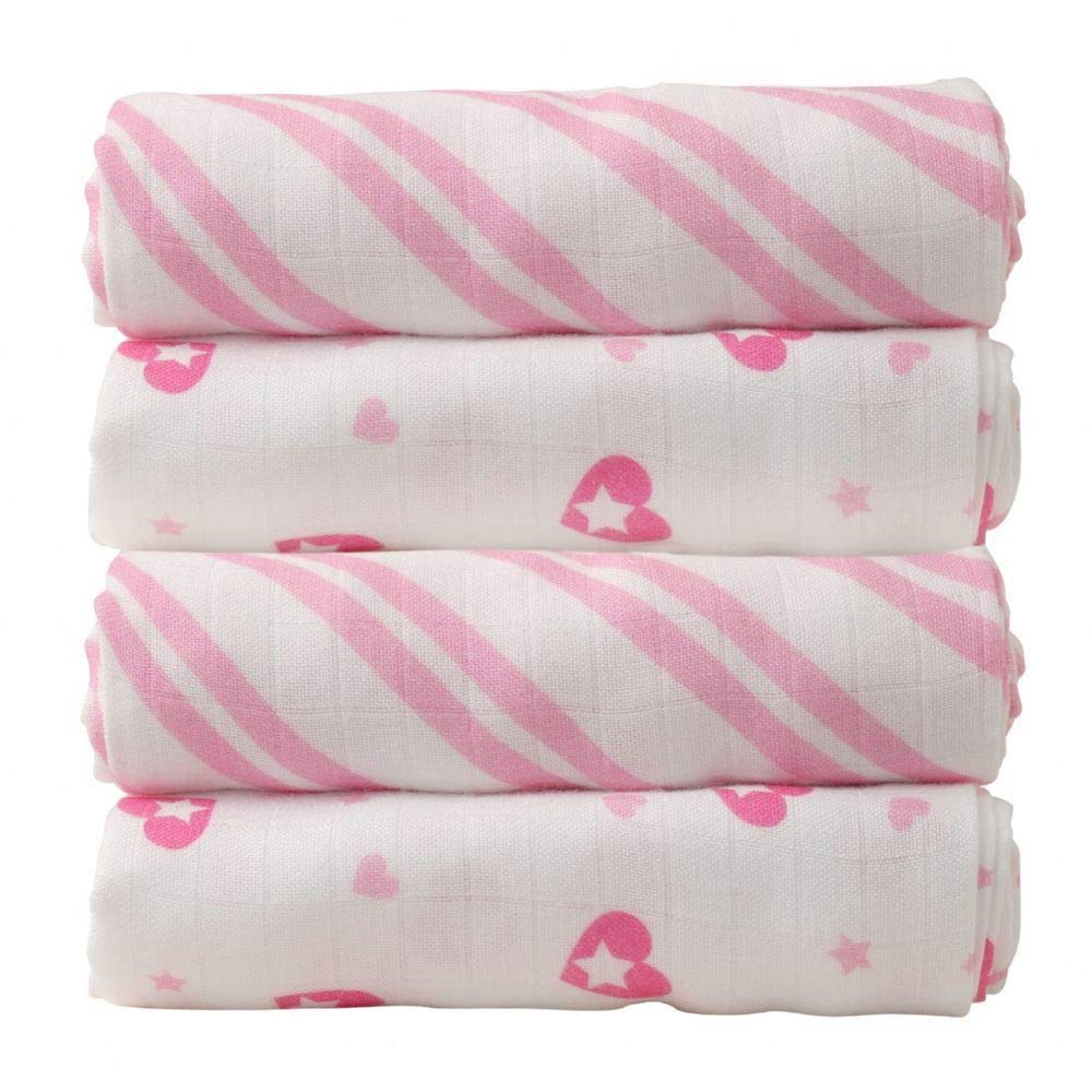 Cuski Super Soft Bamboo Muslins x 4 (Jolie Hearts), Pink, 60 x 60 cm