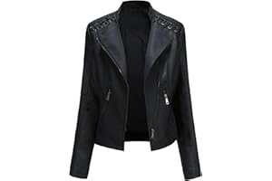 Womens Studded Rivet Cropped Biker Jacket Zip Long Sleeve Motorcyle Leather Jacket Slim Fit Fall Moto Short Coat
