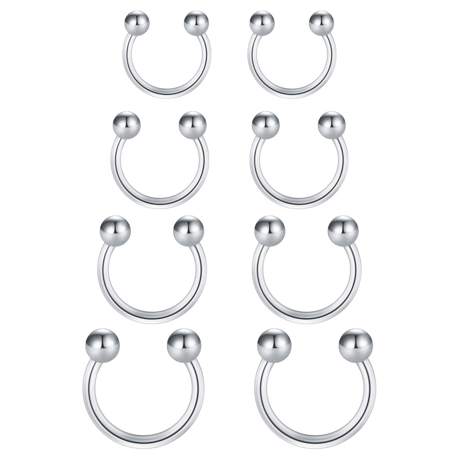 Funseedrr 8pcs Horseshoe Nose Lip Labret Ring Stainless Steel 16G 6/8/10/12mm Hoop Septum Tragus Helix Cartilage Earring Piercing Jewellery