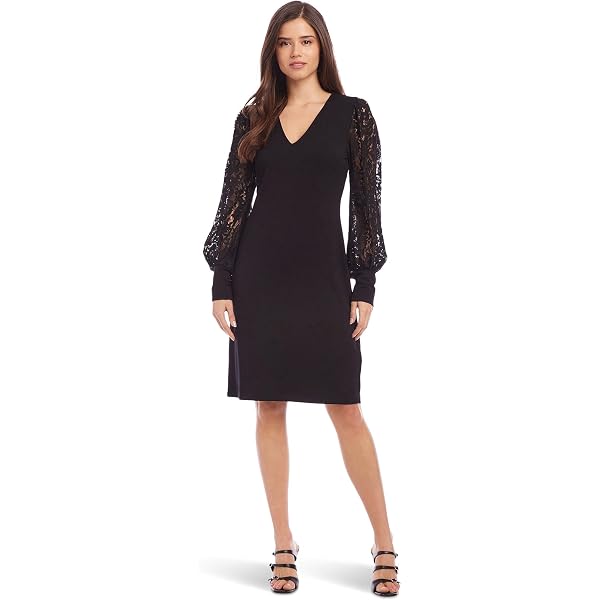 knee length dresses for ladies Karen Kane Black V-Neck Scallop Hem Lace Dress